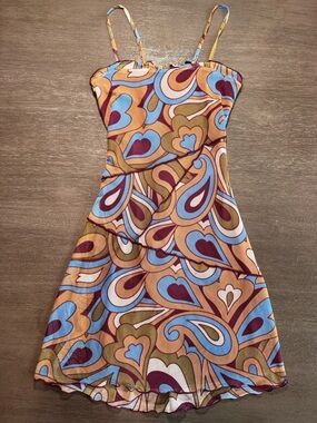 Vintage Muted Color Wavy Print Mesh Mini Dress Open Back Keyhole Strappy XS